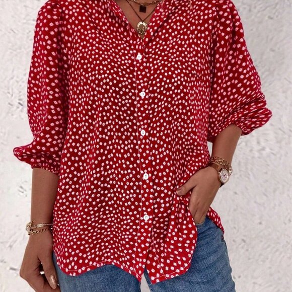 Red Boho Women's Floral Single Button Blouse - Picture 4 of 4